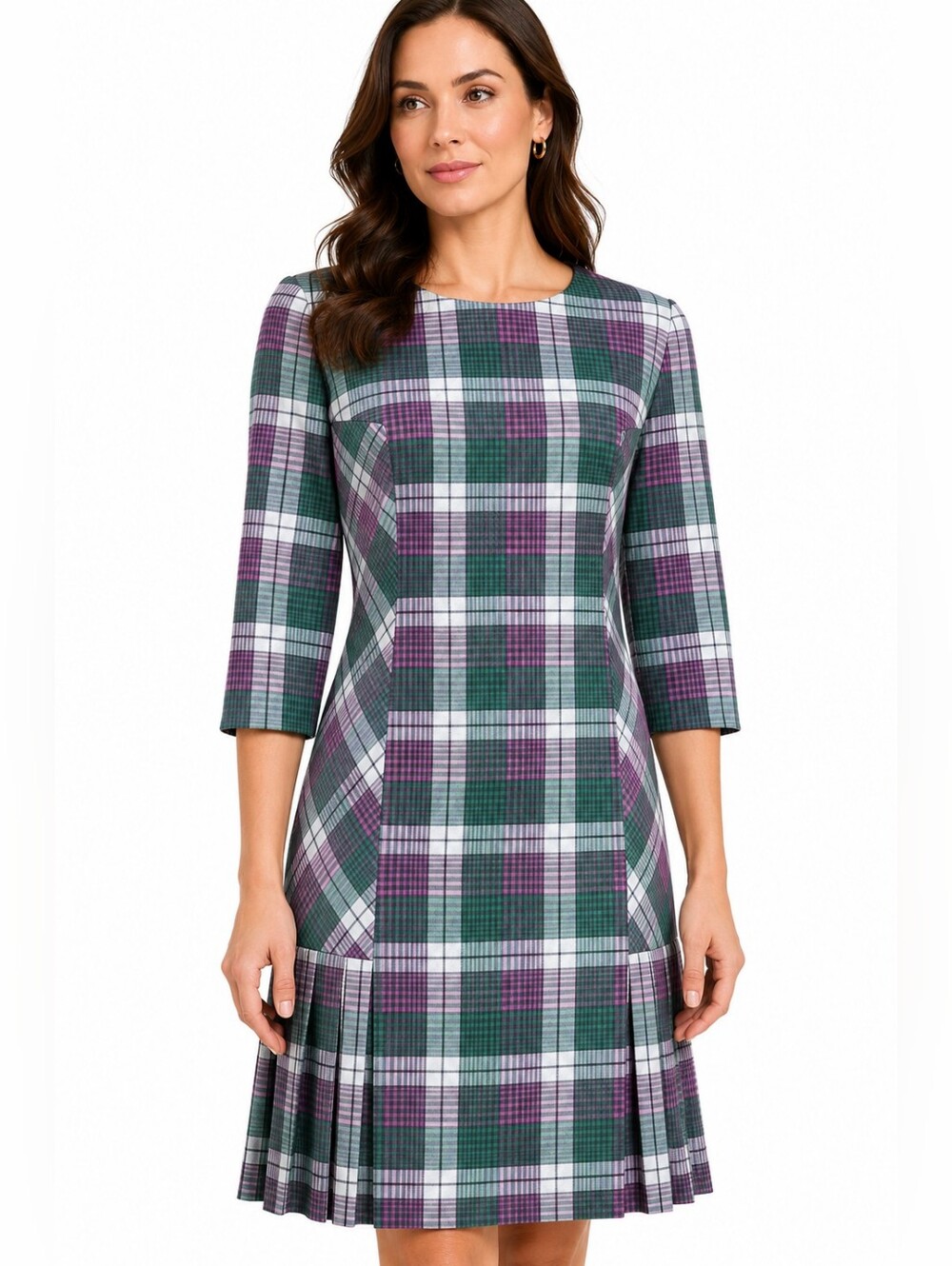Tahari Plaid Fit & Flare Dress Size 10 Purple Green Side Pleat Stretch